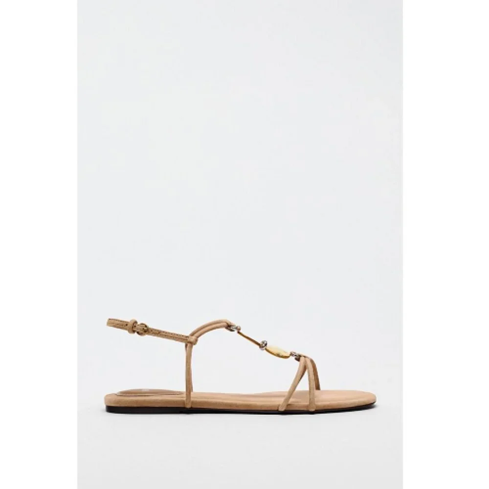 Zara Leather Sandals Embellished Front Beads Round toe Ankle buckle strap Sz 10 - Picture 3 of 12